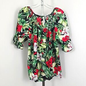 Simply Irresistible Off Shoulder 3/4 Sleeve‎ Floral Print Top Black Green Red L